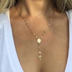 NEW Gold Tone Rosary lariat Cross Necklace